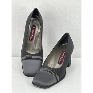 Raphael Sarti Gray Square Toe Satin Block Heel Pumps 7M